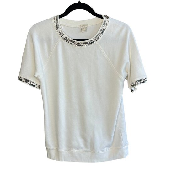 J. Crew White Knit Beaded Jeweled Neckline Short Sleeve Sweater Size Small - Picture 1 of 8